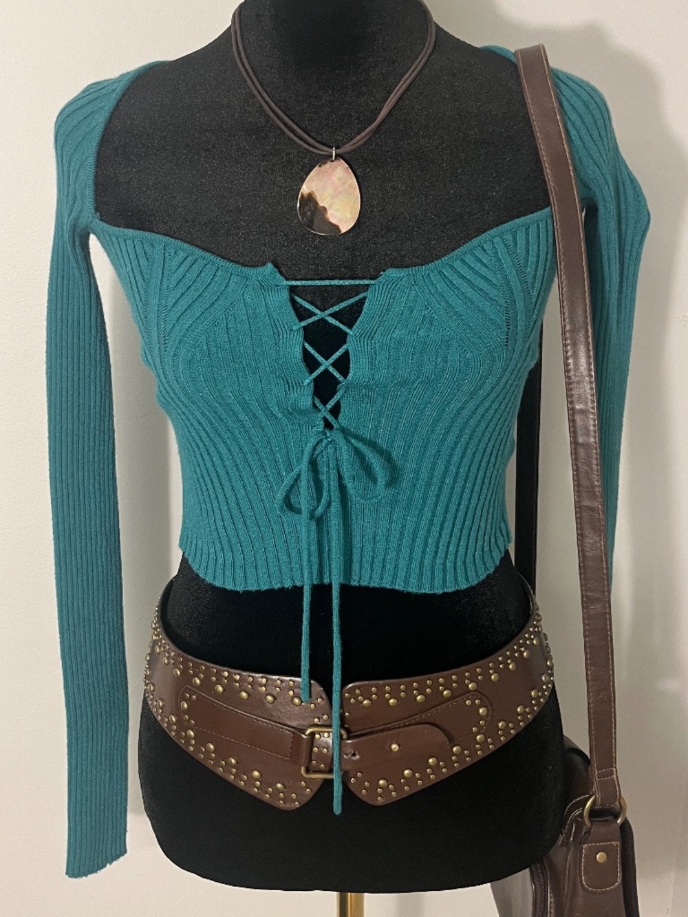 UO Teal Lace Up Ribbed Sweater Top Size XS